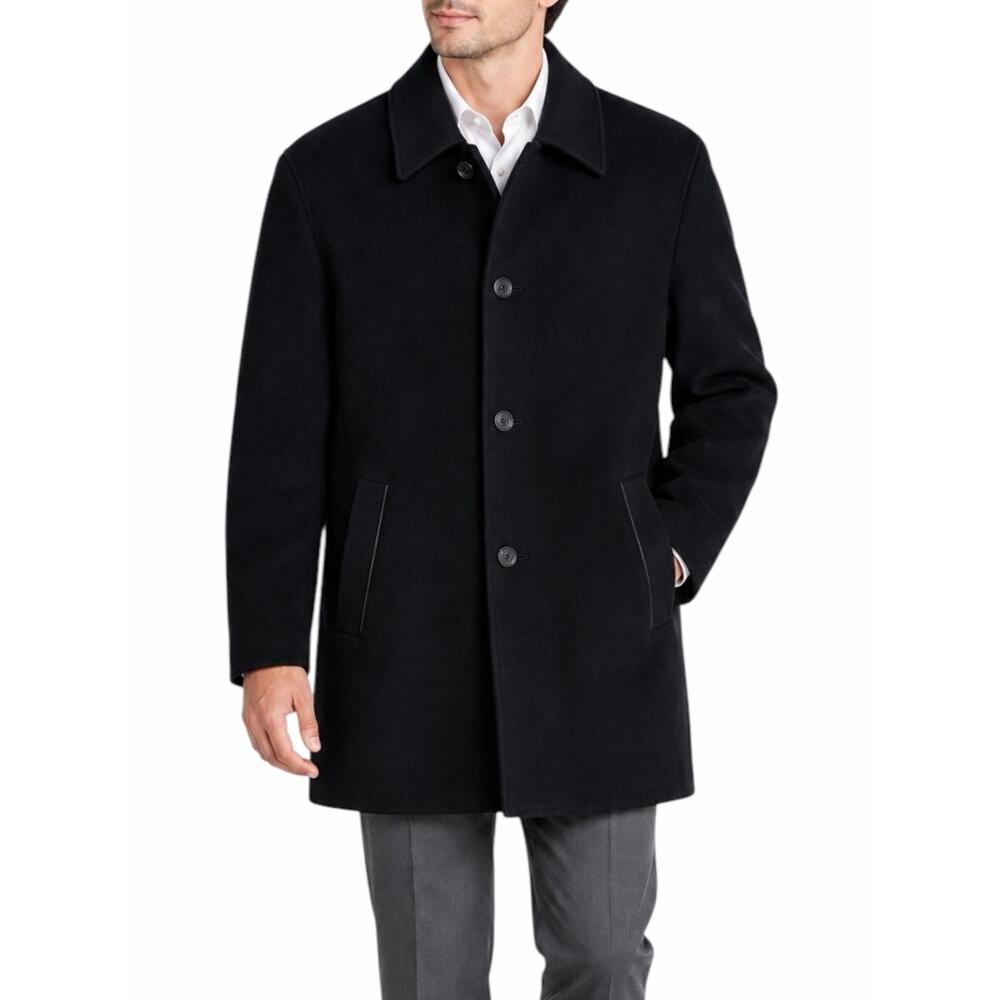 Cole Haan Wool Cashmere Blend Leather Trim Car Coat Black Men Size L